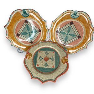 Set of 3 Rustic Hand made & Painted Italian Pottery • Tuscan Design 9” SEE PICS